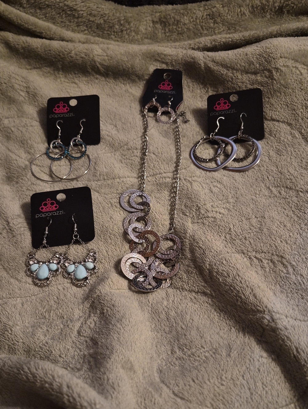 paparazzi Silver Multi-Ring Necklace with Three Earring Sets